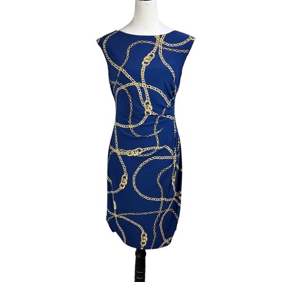 Lauren Ralph Lauren Navy Blue Gold Chain Print Sleeveless Jersey Stretch Dress - Picture 1 of 11